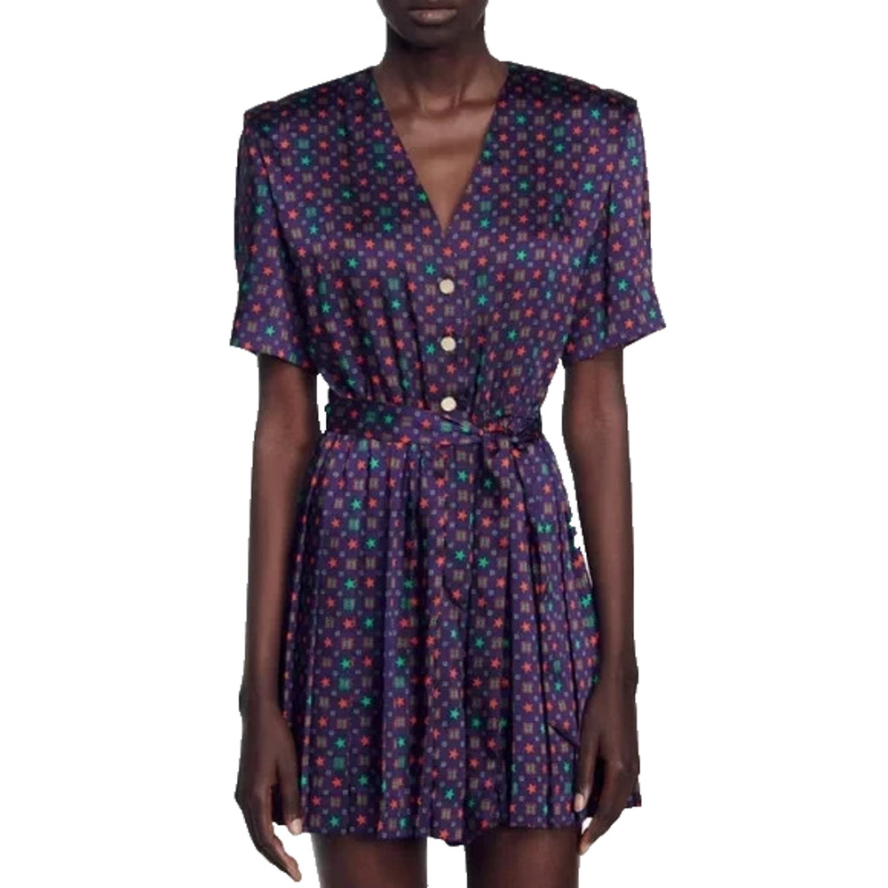 Sandro Curry Satin Romper Purple Star Print Short Sleeve Belt Pleat V Neck 38 - Picture 2 of 14